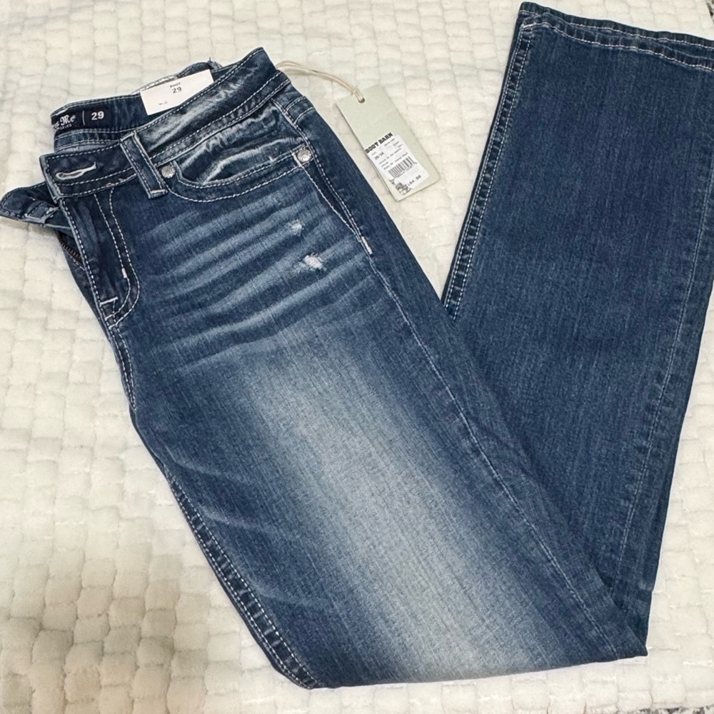 Miss Me Medium Blue Boot Cut Jeans with White Embroidery